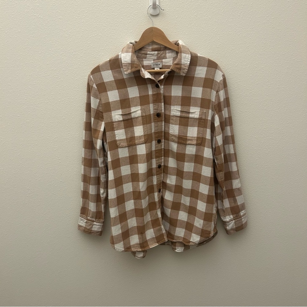 J.Crew Flannel Button-Up Shirt — Tan/Ivory Plaid — Size S